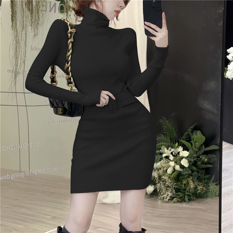 Rochie tricotată cu guler înalt pentru iarnă, culoare solidă, talie trasă, scurtă, croială bodycon pentru femei