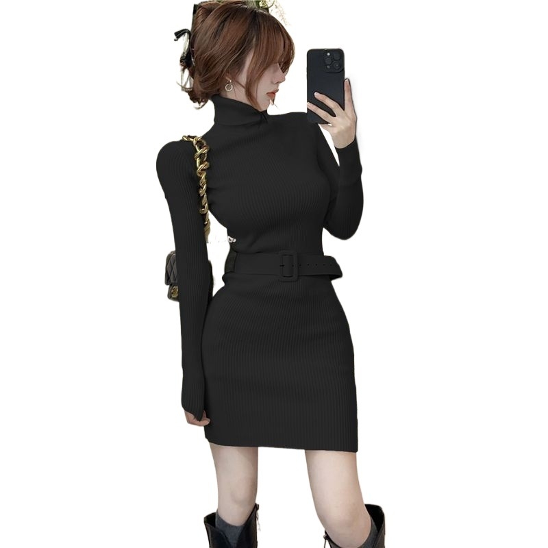Rochie tricotată cu guler înalt pentru iarnă, culoare solidă, talie trasă, scurtă, croială bodycon pentru femei