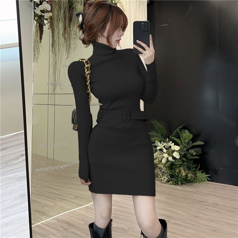 Rochie tricotată cu guler înalt pentru iarnă, culoare solidă, talie trasă, scurtă, croială bodycon pentru femei