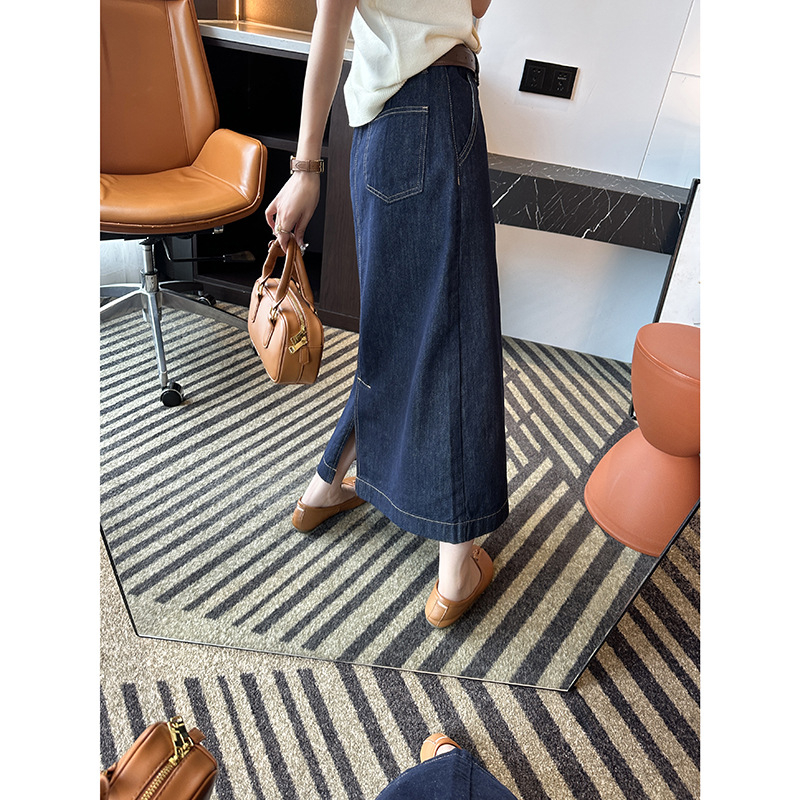 Ženska jeans midi suknja A-linije s visokim strukom i stražnjim šlicom