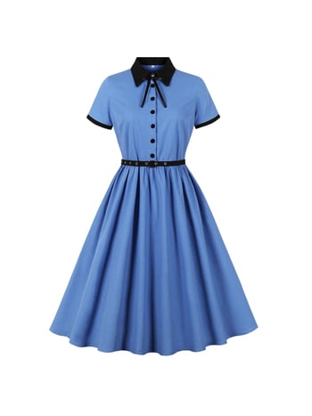 Pamuk midi haljina, kontrastne boje, retro-preppy stil, A‑linija kroja, kratki rukavi, rever ovratnik, kaiš za struk