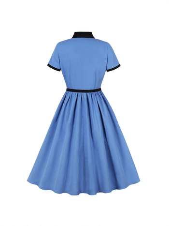 Pamuk midi haljina, kontrastne boje, retro-preppy stil, A‑linija kroja, kratki rukavi, rever ovratnik, kaiš za struk