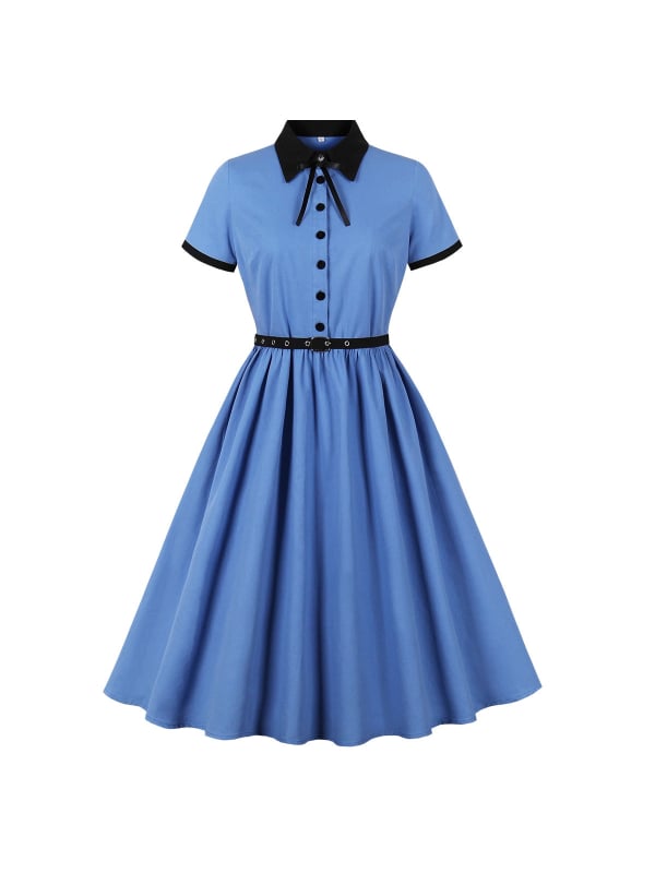 Pamuk midi haljina, kontrastne boje, retro-preppy stil, A‑linija kroja, kratki rukavi, rever ovratnik, kaiš za struk