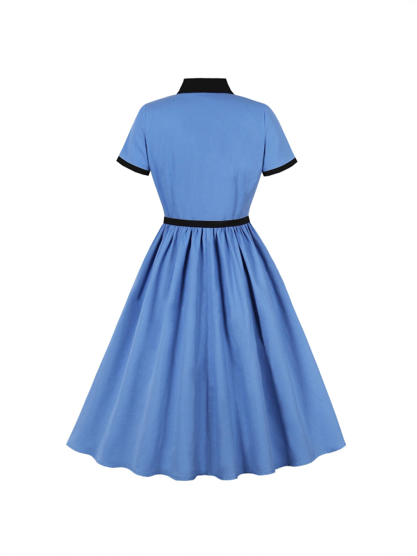Pamuk midi haljina, kontrastne boje, retro-preppy stil, A‑linija kroja, kratki rukavi, rever ovratnik, kaiš za struk