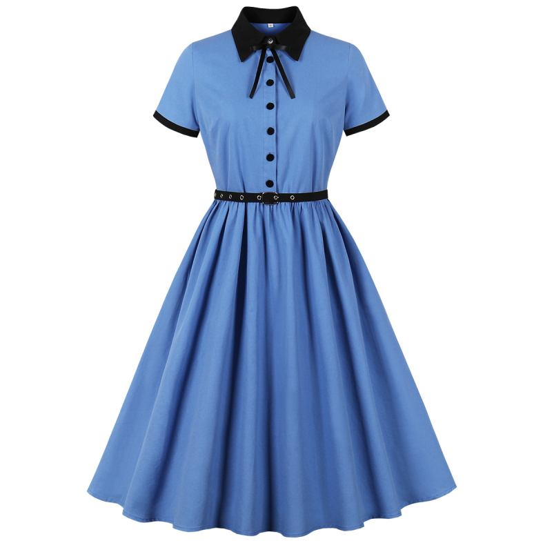 Pamuk midi haljina, kontrastne boje, retro-preppy stil, A‑linija kroja, kratki rukavi, rever ovratnik, kaiš za struk