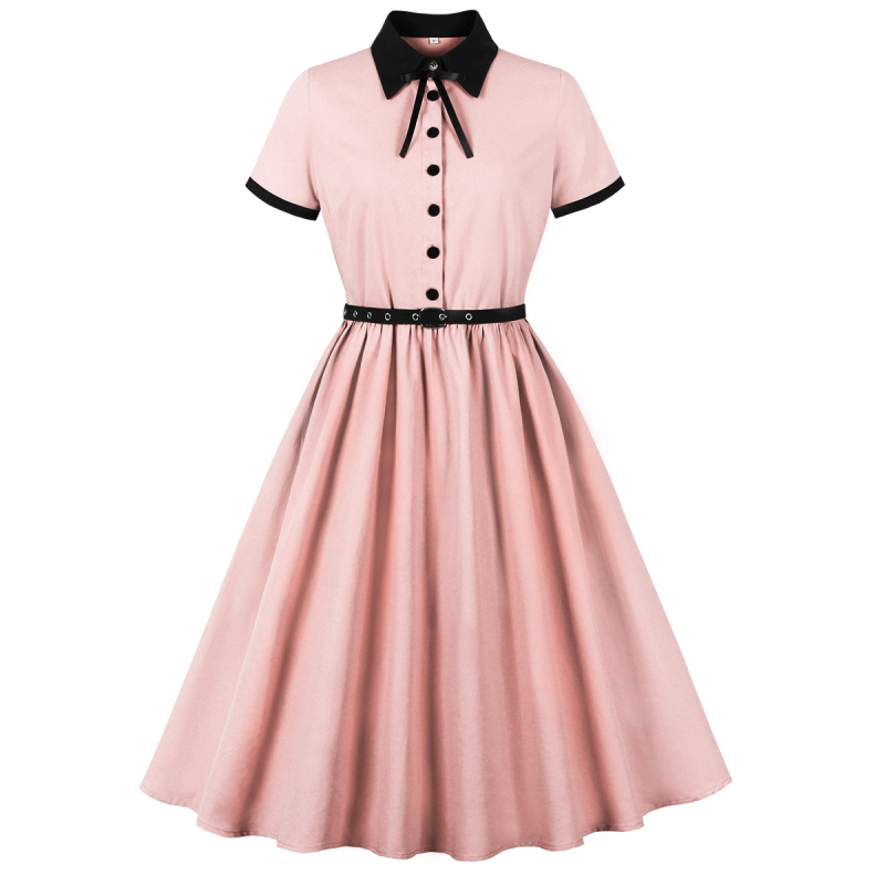 Pamuk midi haljina, kontrastne boje, retro-preppy stil, A‑linija kroja, kratki rukavi, rever ovratnik, kaiš za struk