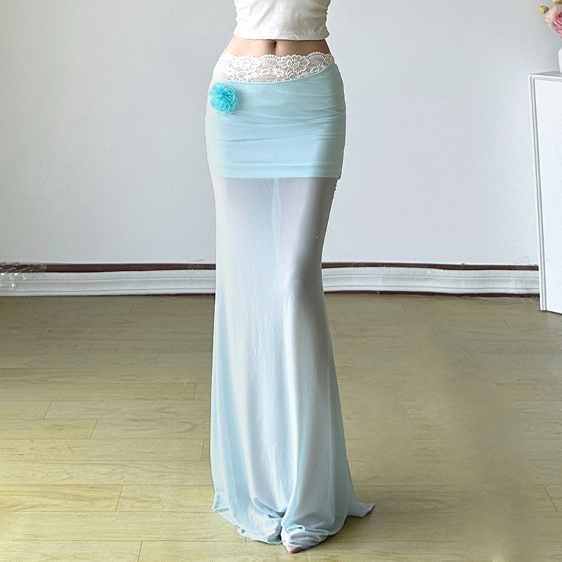 Ljetna ženska mrežasta midi suknja s 3D cvjetnim dizajnom, prozračna i uz tijelo prianjiva