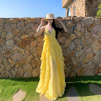 Κίτρινο φόρεμα chiffon για διακοπές στην παραλία, Α γραμμή, V λαιμός, χωρίς μανίκια, καλοκαίρι 2026