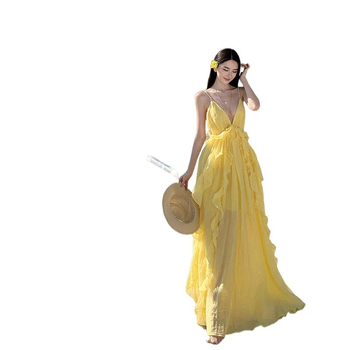 Κίτρινο φόρεμα chiffon για διακοπές στην παραλία, Α γραμμή, V λαιμός, χωρίς μανίκια, καλοκαίρι 2026