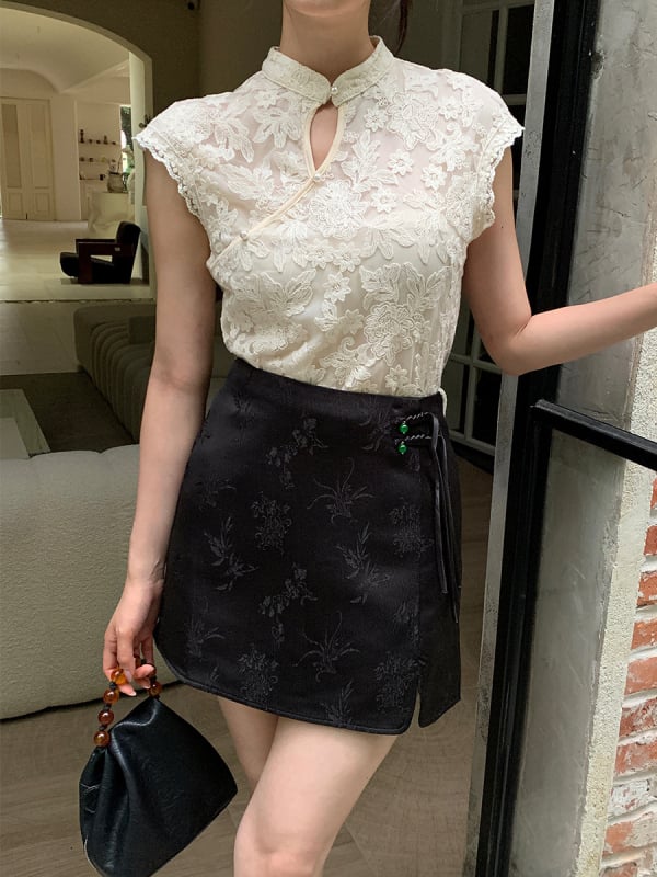 Xiuxixi jacquard satenska kratka suknja s tiskom, visokim pojasom