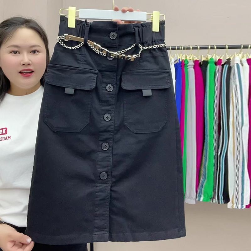 Ženska midi suknja A-linije, korejskog stila, 2024 proljeće–jesen, s prednjim otvorom i zatvaranjem na jednu red gumba, europski stil.