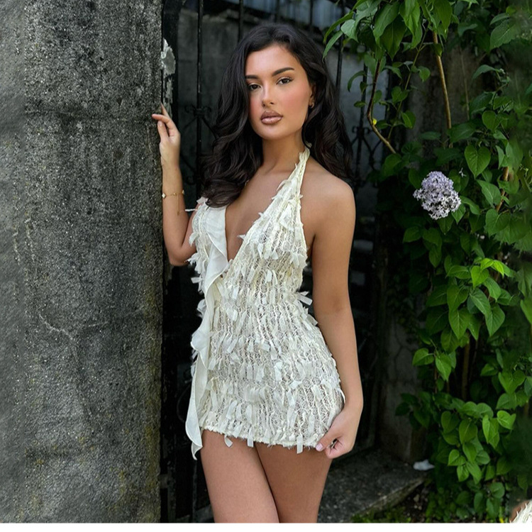 Sexy φόρεμα bodycon με halter-neck, ανοιχτή πλάτη, δέσιμο με κορδόνι, βαθύ V ντεκολτέ