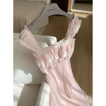 Callmeear Paris Rose Φόρεμα Slip με Δαντέλα Patchwork, Αμάνικο, Λαιμός σε σχήμα U, Μακριά φούστα, Άνοιξη για διακοπές
