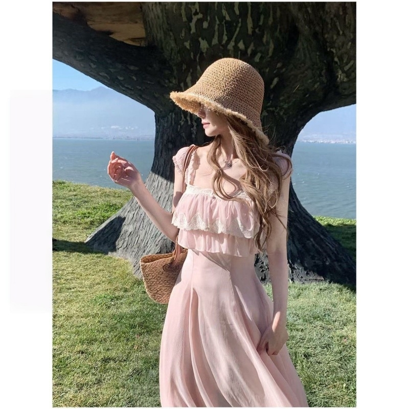 Callmeear Paris Rose Φόρεμα Slip με Δαντέλα Patchwork, Αμάνικο, Λαιμός σε σχήμα U, Μακριά φούστα, Άνοιξη για διακοπές
