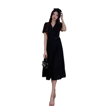 Haljina za plus veličine s ovratnikom u stilu sakoa, boje marelice, plisirana, elegantan francuski stil, uži struk, duga silueta