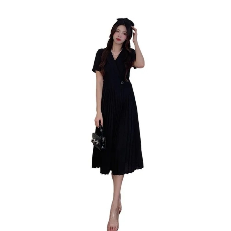 Haljina za plus veličine s ovratnikom u stilu sakoa, boje marelice, plisirana, elegantan francuski stil, uži struk, duga silueta