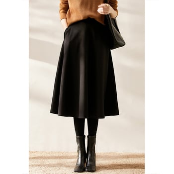 Suknja srednje duljine od vunene smjese, boje kave, visok pojas, plisirana A-linija, uredski stil