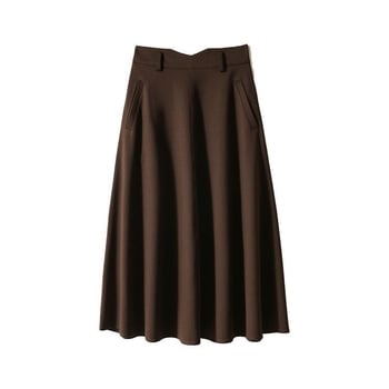 Suknja srednje duljine od vunene smjese, boje kave, visok pojas, plisirana A-linija, uredski stil