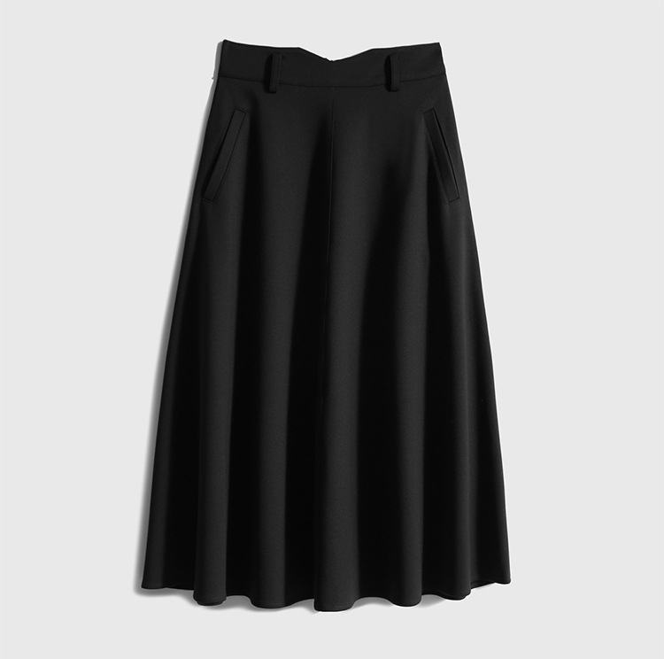 Suknja srednje duljine od vunene smjese, boje kave, visok pojas, plisirana A-linija, uredski stil