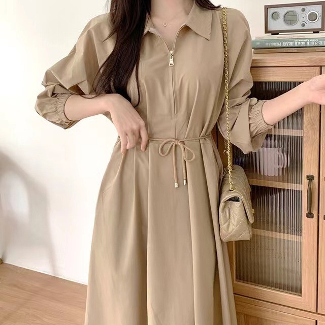 2026 korejska chic haljina za proljeće i jesen – francuski stil, elegantna i suptilna, s ovratnikom i kaišem u struku