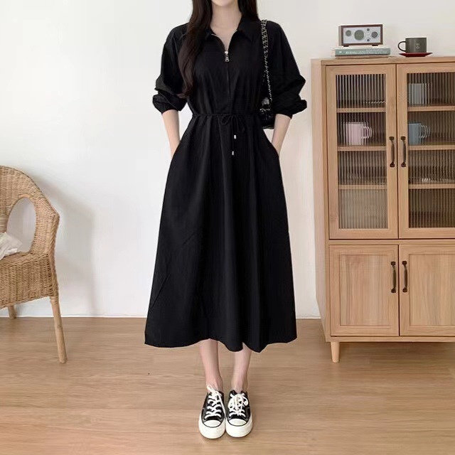 2026 korejska chic haljina za proljeće i jesen – francuski stil, elegantna i suptilna, s ovratnikom i kaišem u struku