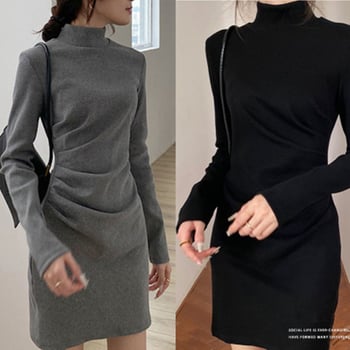 Francuski stil ženske društvene haljine s visokim ovratnikom, jesen-zima, elegantna naborana tekstura, uski kroj, naglašeni pojas, bodycon haljina