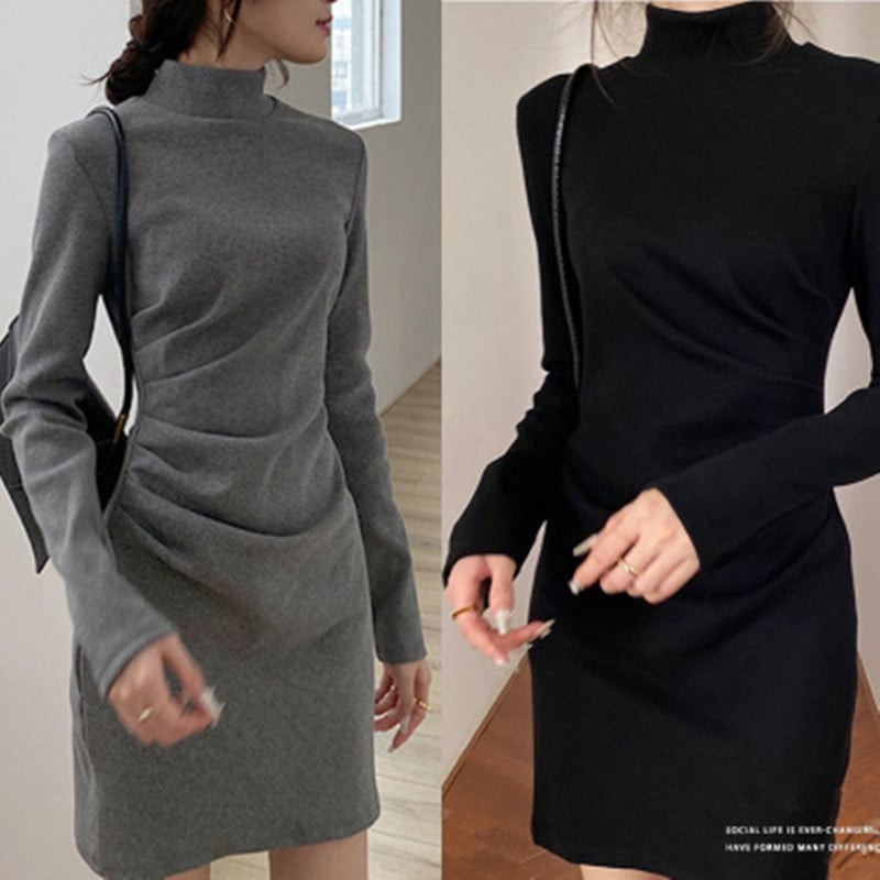 Francuski stil ženske društvene haljine s visokim ovratnikom, jesen-zima, elegantna naborana tekstura, uski kroj, naglašeni pojas, bodycon haljina