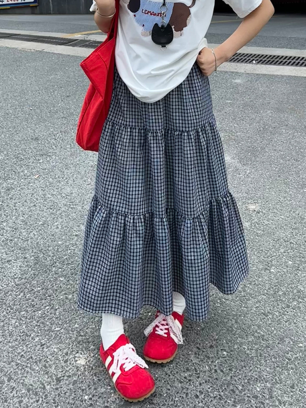 Ženska midi suknja s kariranim uzorkom, inspirirana korejskim retro stilom, lagana ljetna A‑linija suknja s kišobranom oblikom, karirani uzorak