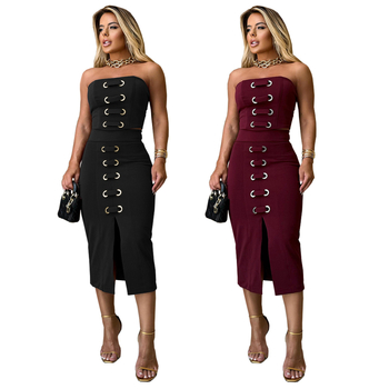 C7321 Ženski dvodjelni set: top bez rukava s šlicom i midi suknja, elegantan uski kroj