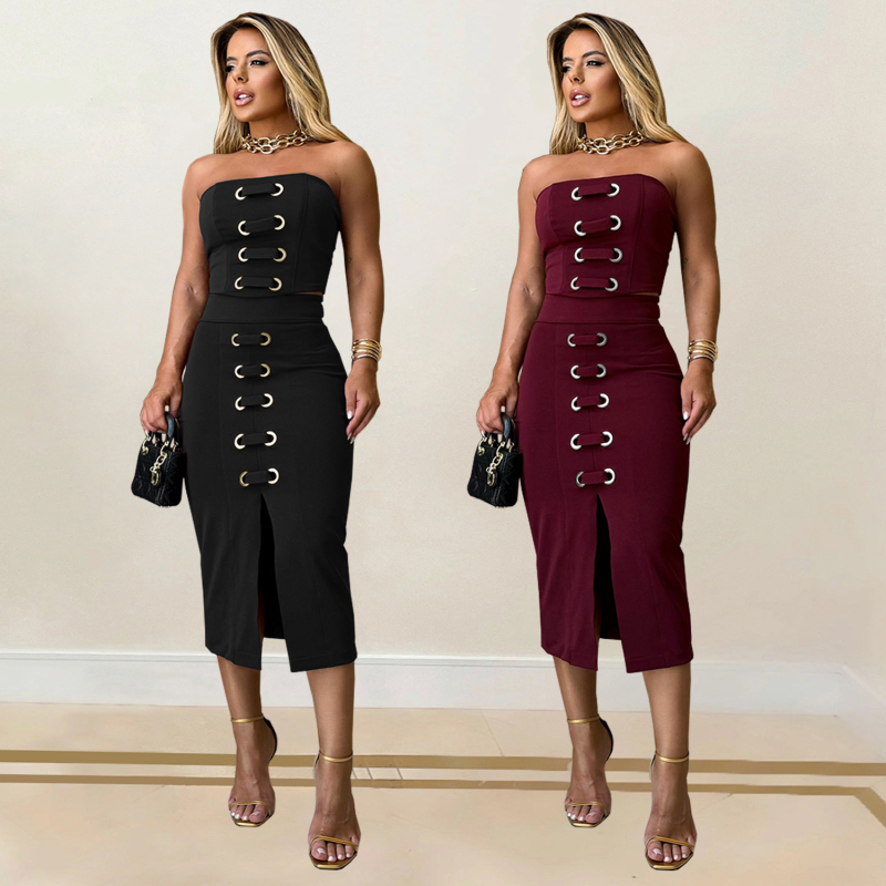 C7321 Ženski dvodjelni set: top bez rukava s šlicom i midi suknja, elegantan uski kroj