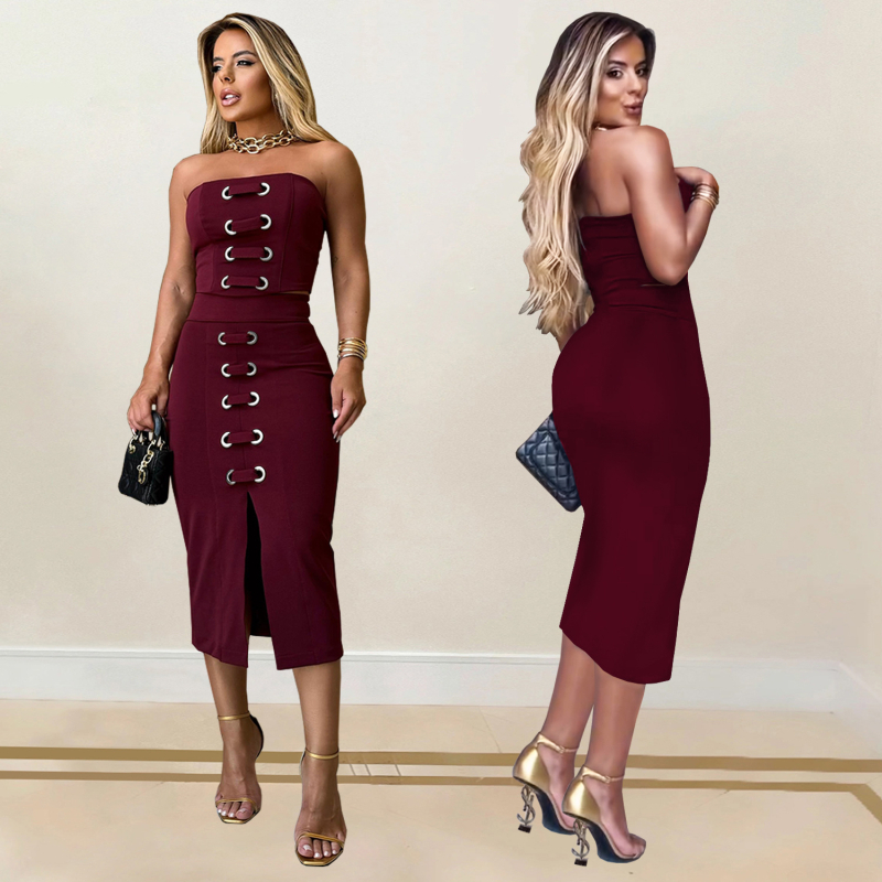 C7321 Ženski dvodjelni set: top bez rukava s šlicom i midi suknja, elegantan uski kroj