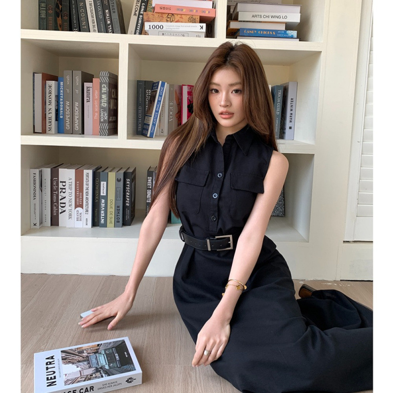 Duga haljina od pamuk-lin, bez rukava, korejskog stila, s kaišem, elegantna i mladenačka