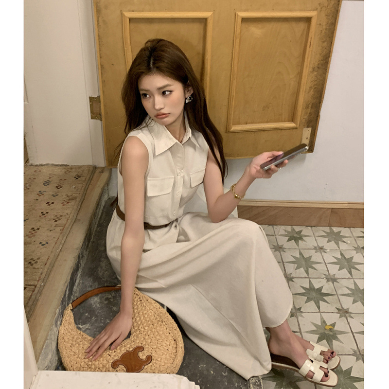 Duga haljina od pamuk-lin, bez rukava, korejskog stila, s kaišem, elegantna i mladenačka