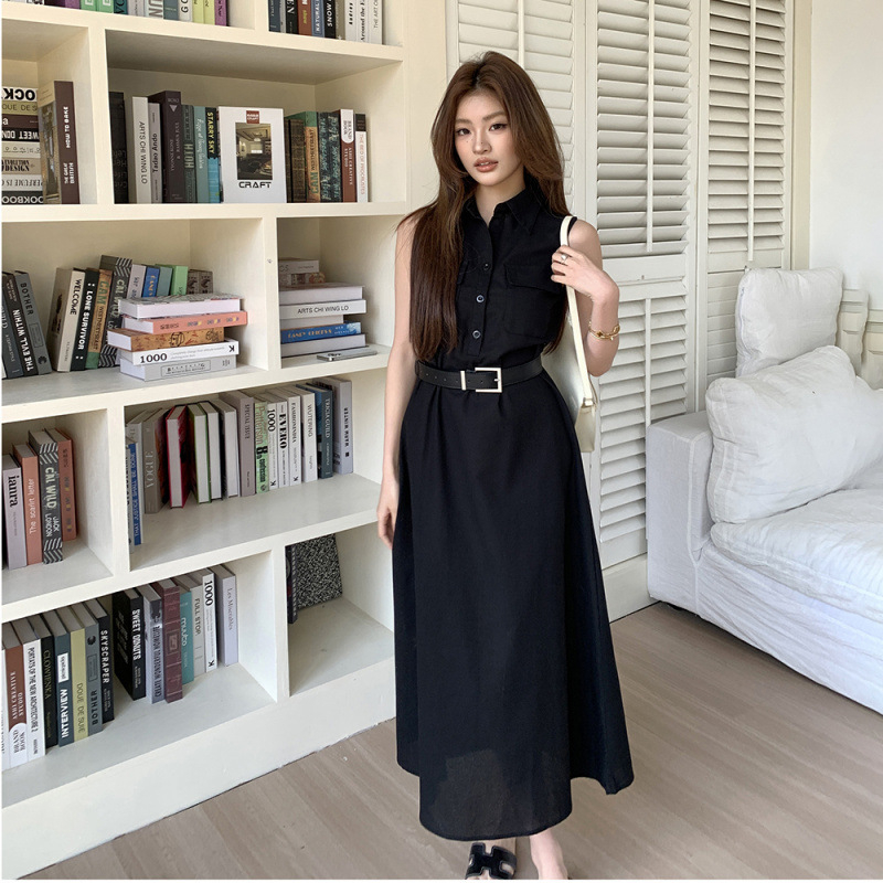Duga haljina od pamuk-lin, bez rukava, korejskog stila, s kaišem, elegantna i mladenačka