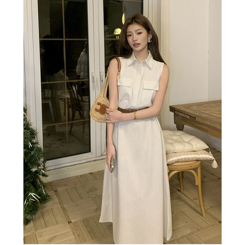 Duga haljina od pamuk-lin, bez rukava, korejskog stila, s kaišem, elegantna i mladenačka