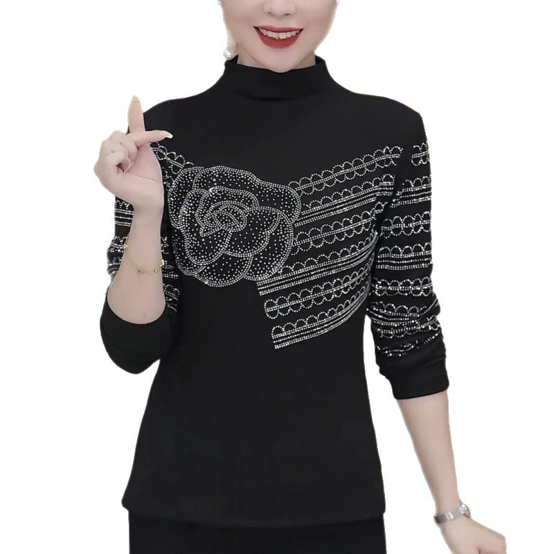 Top za žene plus veličine s mock-neckom i rhinestones, dugi rukav, osnovni sloj za jesen-zimu, uski kroj