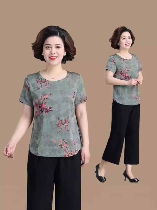 Ljetni top u bakinom stilu, slobodan kroj za starije žene, kratki rukavi, plus veličina, elegantan izgled