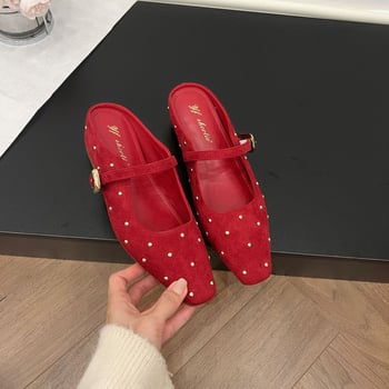 Ženske Mary Jane sandale s 5 cm uzdignućem, metalna kopča, velur gornji dio, gumena potplata, retro rivet detalji, ravna potplata, proljeće 2025