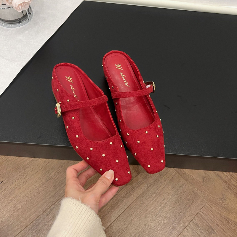 Ženske Mary Jane sandale s 5 cm uzdignućem, metalna kopča, velur gornji dio, gumena potplata, retro rivet detalji, ravna potplata, proljeće 2025