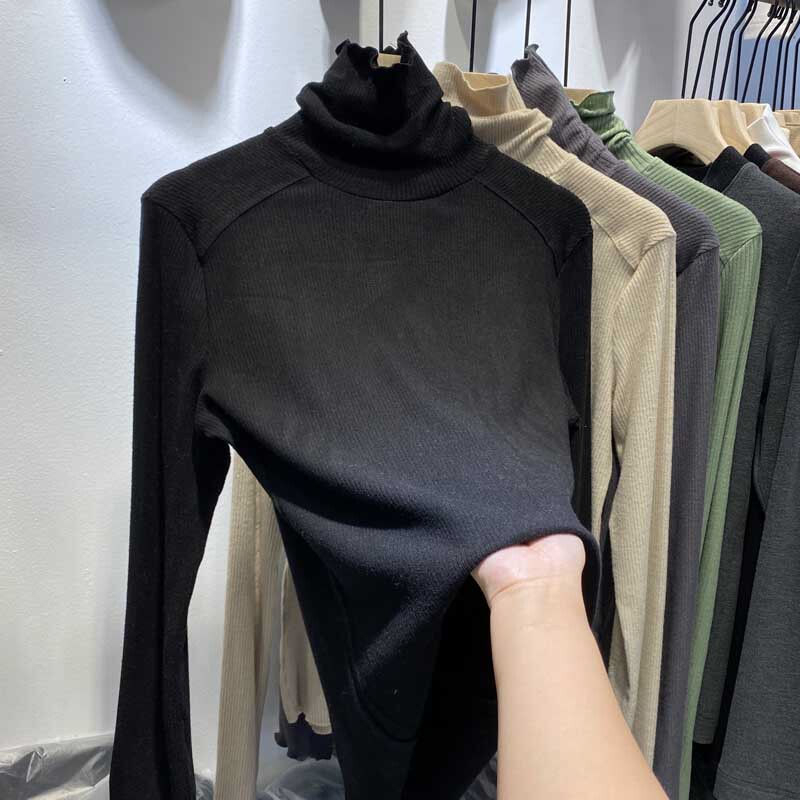 Ženski zimski T‑shirt s pahuljastim ovratnikom, fleec podstava, debeli materijal, dugi rukav, donji top u INS stilu
