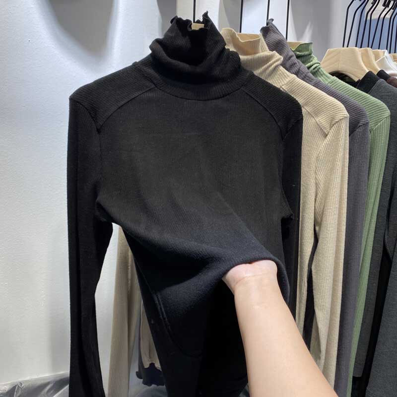 Ženski zimski T‑shirt s pahuljastim ovratnikom, fleec podstava, debeli materijal, dugi rukav, donji top u INS stilu