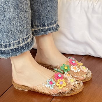 Ženske jelly sandale u korejskom stilu s cvjetnim ukrasima, zatvorenim prstom, ravne slip-on sandale s prozirnim kristalnim detaljima
