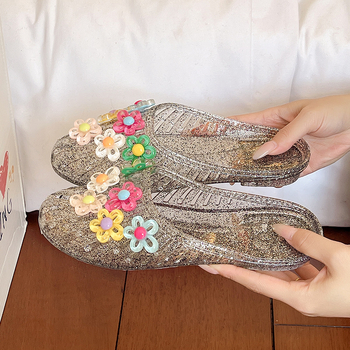 Ženske jelly sandale u korejskom stilu s cvjetnim ukrasima, zatvorenim prstom, ravne slip-on sandale s prozirnim kristalnim detaljima
