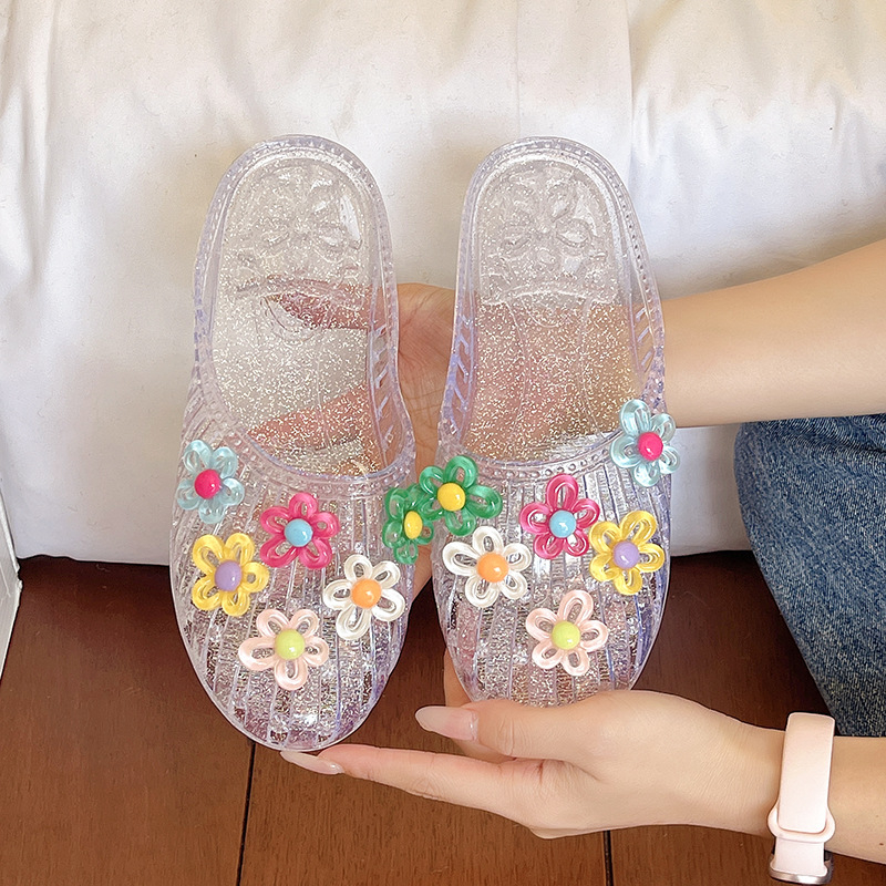 Ženske jelly sandale u korejskom stilu s cvjetnim ukrasima, zatvorenim prstom, ravne slip-on sandale s prozirnim kristalnim detaljima