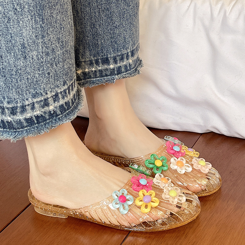 Ženske jelly sandale u korejskom stilu s cvjetnim ukrasima, zatvorenim prstom, ravne slip-on sandale s prozirnim kristalnim detaljima