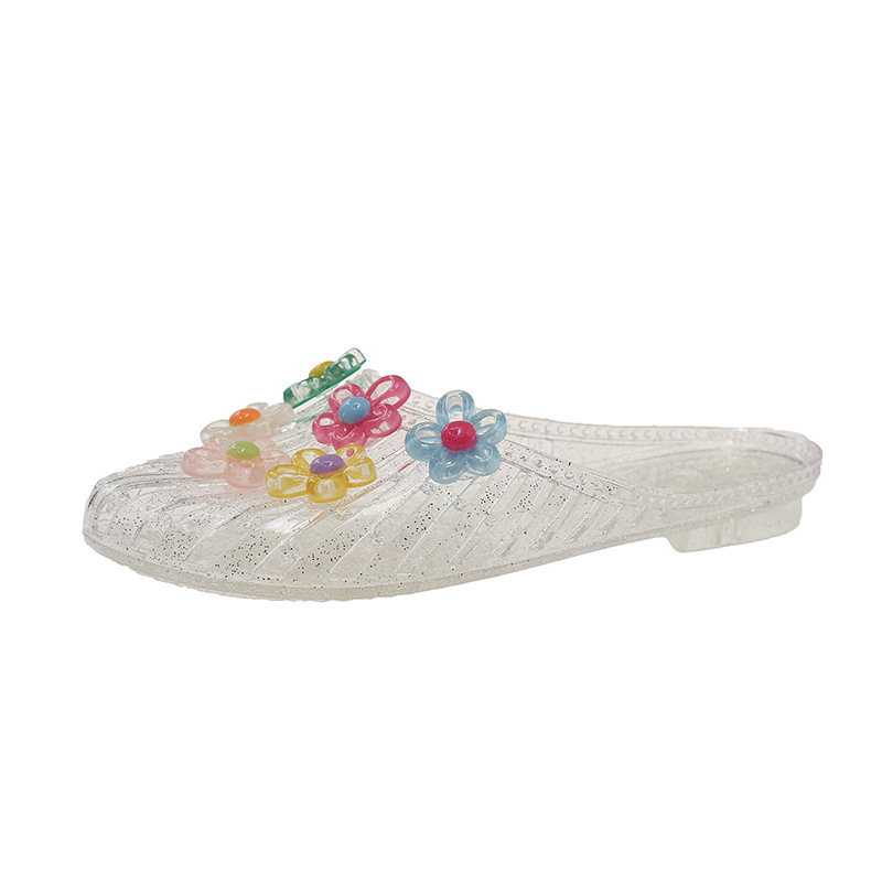 Ženske jelly sandale u korejskom stilu s cvjetnim ukrasima, zatvorenim prstom, ravne slip-on sandale s prozirnim kristalnim detaljima