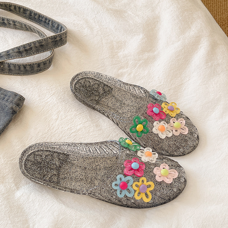 Ženske jelly sandale u korejskom stilu s cvjetnim ukrasima, zatvorenim prstom, ravne slip-on sandale s prozirnim kristalnim detaljima
