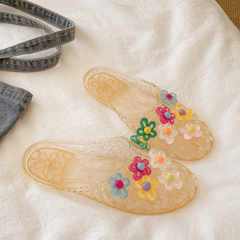 Ženske jelly sandale u korejskom stilu s cvjetnim ukrasima, zatvorenim prstom, ravne slip-on sandale s prozirnim kristalnim detaljima