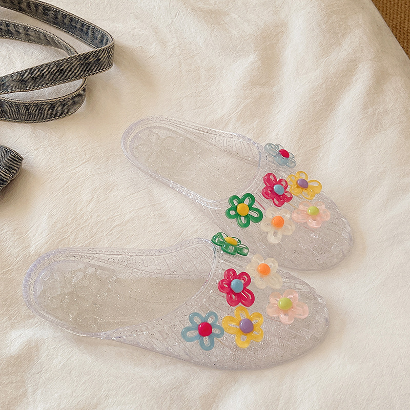 Ženske jelly sandale u korejskom stilu s cvjetnim ukrasima, zatvorenim prstom, ravne slip-on sandale s prozirnim kristalnim detaljima
