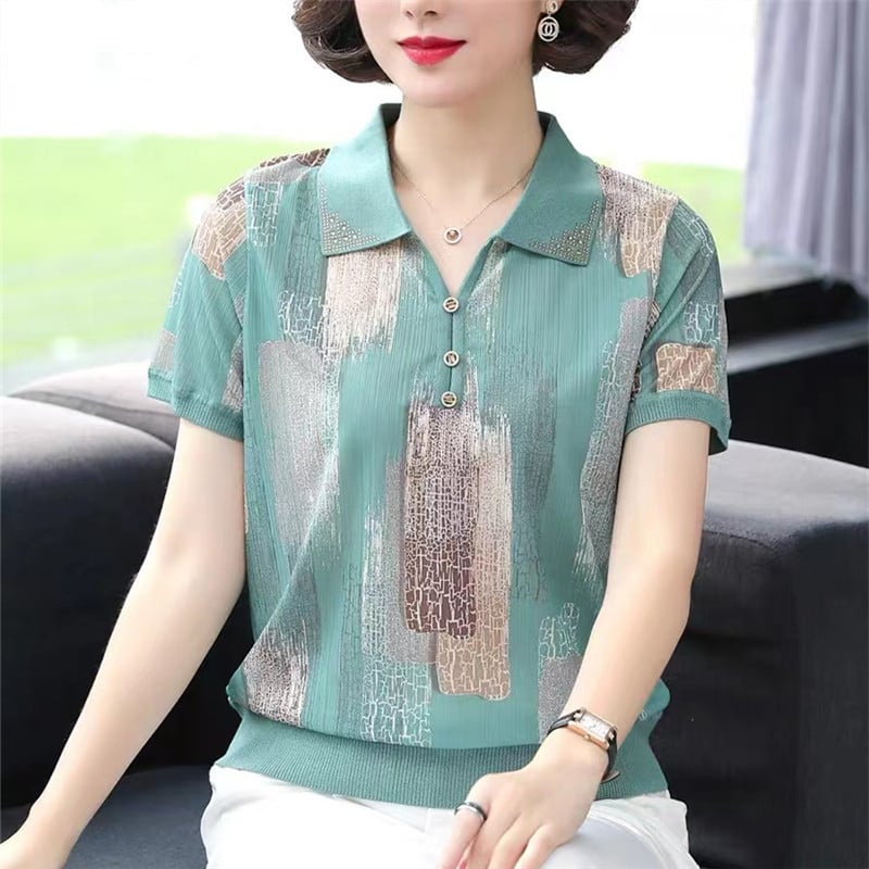 Majica kratkih rukava od Ice Silk za žene srednje dobi, geometrijski uzorak, Plus veličina